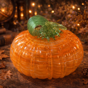Hand Blown Art Glass Pumpkin Orange with Green Stem Fall Decor Harvest