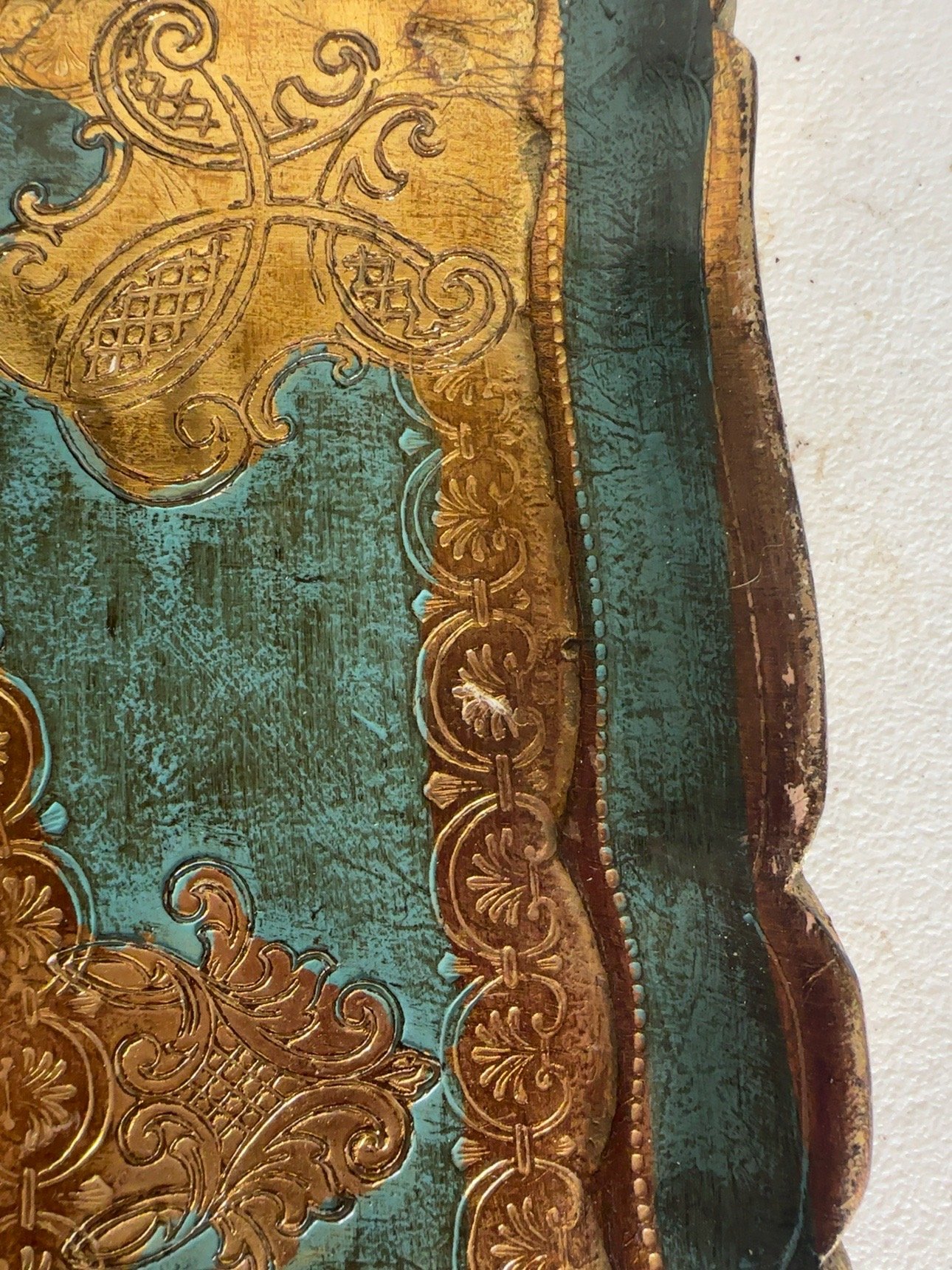 Vintage Italian Florentine Gilt Wood Wall Plaque / Decorative Tray – Turquoise & Gold - Image 6