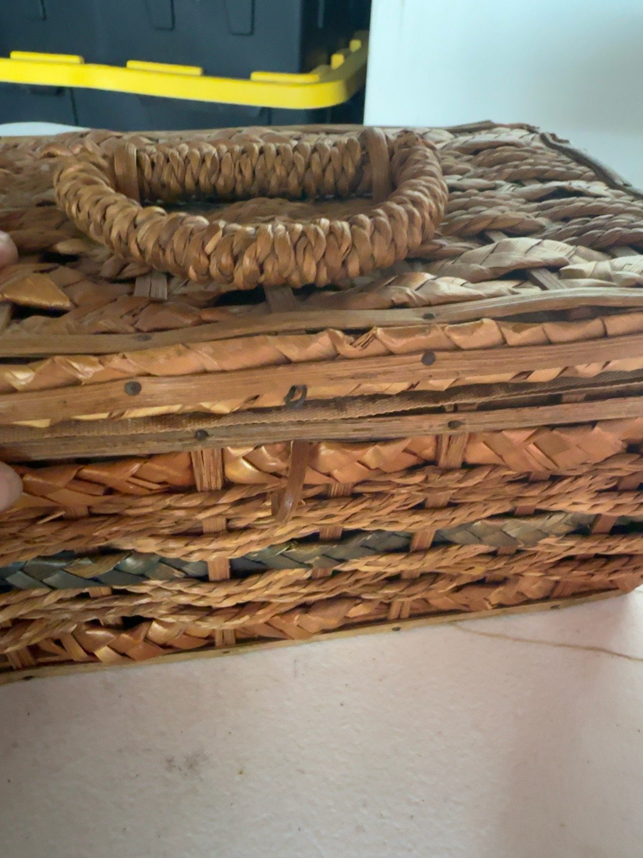 Vintage Woven Rattan Basket Storage Box Hinged Lid Braided Handle - Image 2
