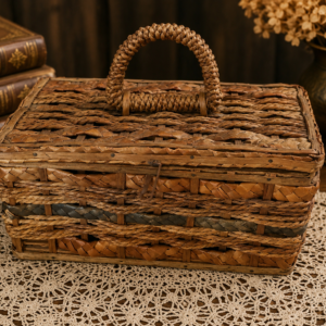 Vintage Woven Rattan Basket Storage Box Hinged Lid Braided Handle