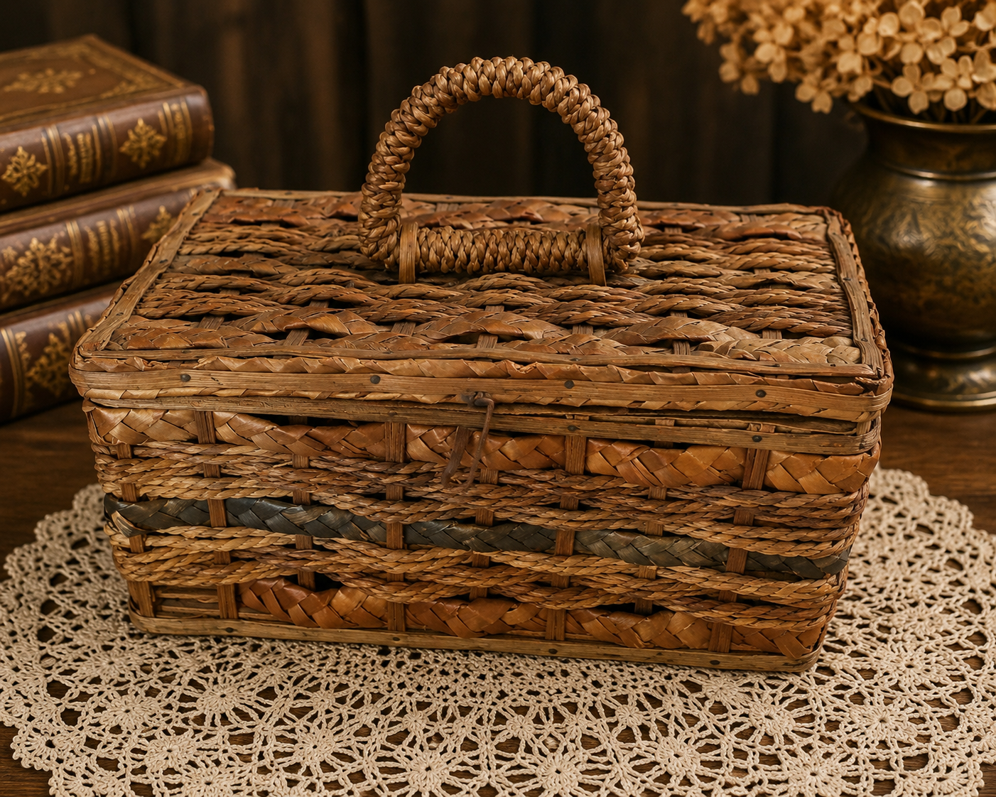 Vintage Woven Rattan Basket Storage Box Hinged Lid Braided Handle
