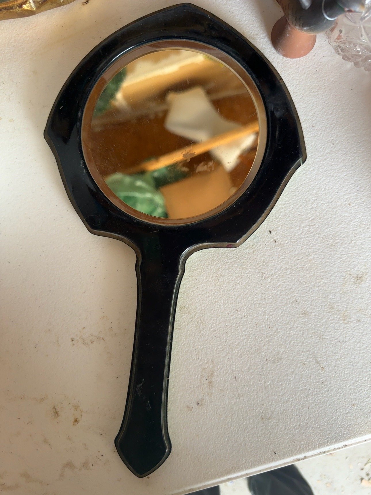 Vintage Art Nouveau Style Green Hand Mirror – Floral Inlay - Image 5