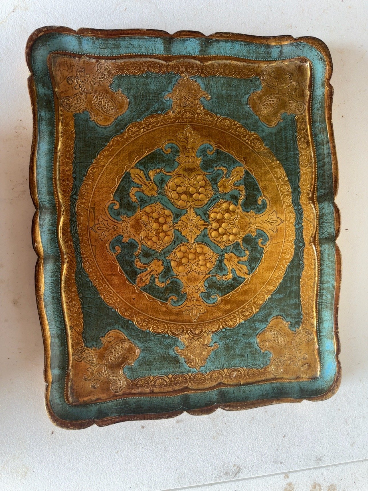 Vintage Italian Florentine Gilt Wood Wall Plaque / Decorative Tray – Turquoise & Gold - Image 2