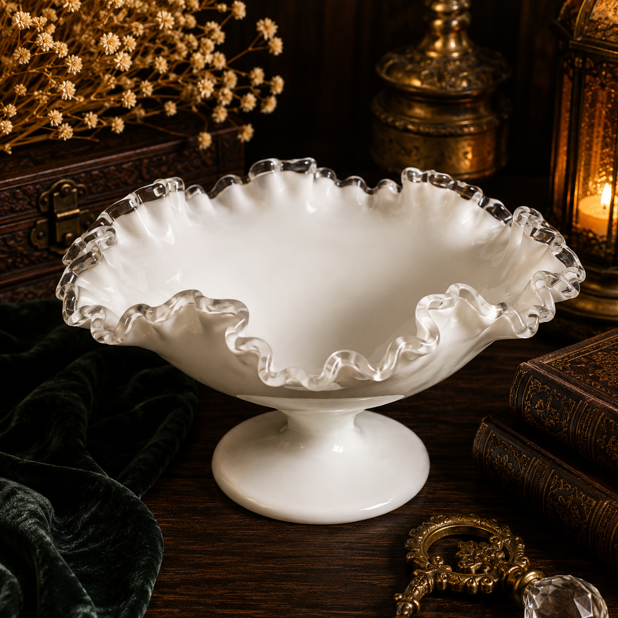 Vintage Fenton Silver Crest Milk Glass Pedestal Compote Ruffled Bowl