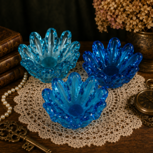 Vintage Blue Art Glass Flower Bowls Set of 3 Ruffled Floral Dishes