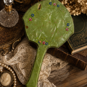 Vintage Art Nouveau Style Green Hand Mirror – Floral Inlay