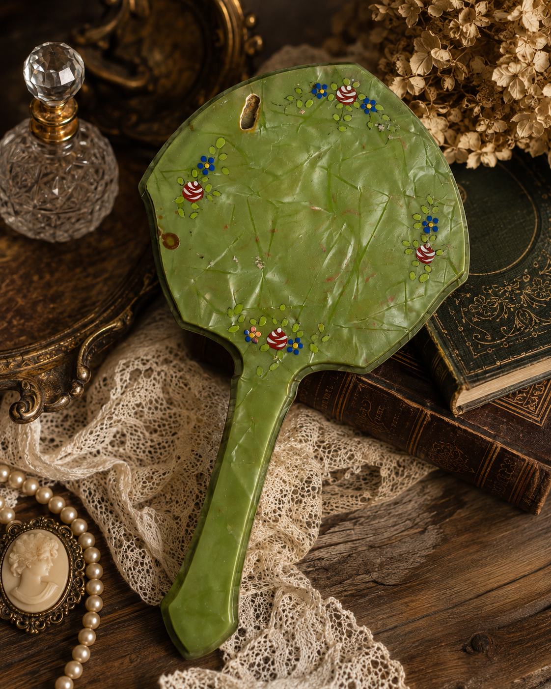 Vintage Art Nouveau Style Green Hand Mirror – Floral Inlay