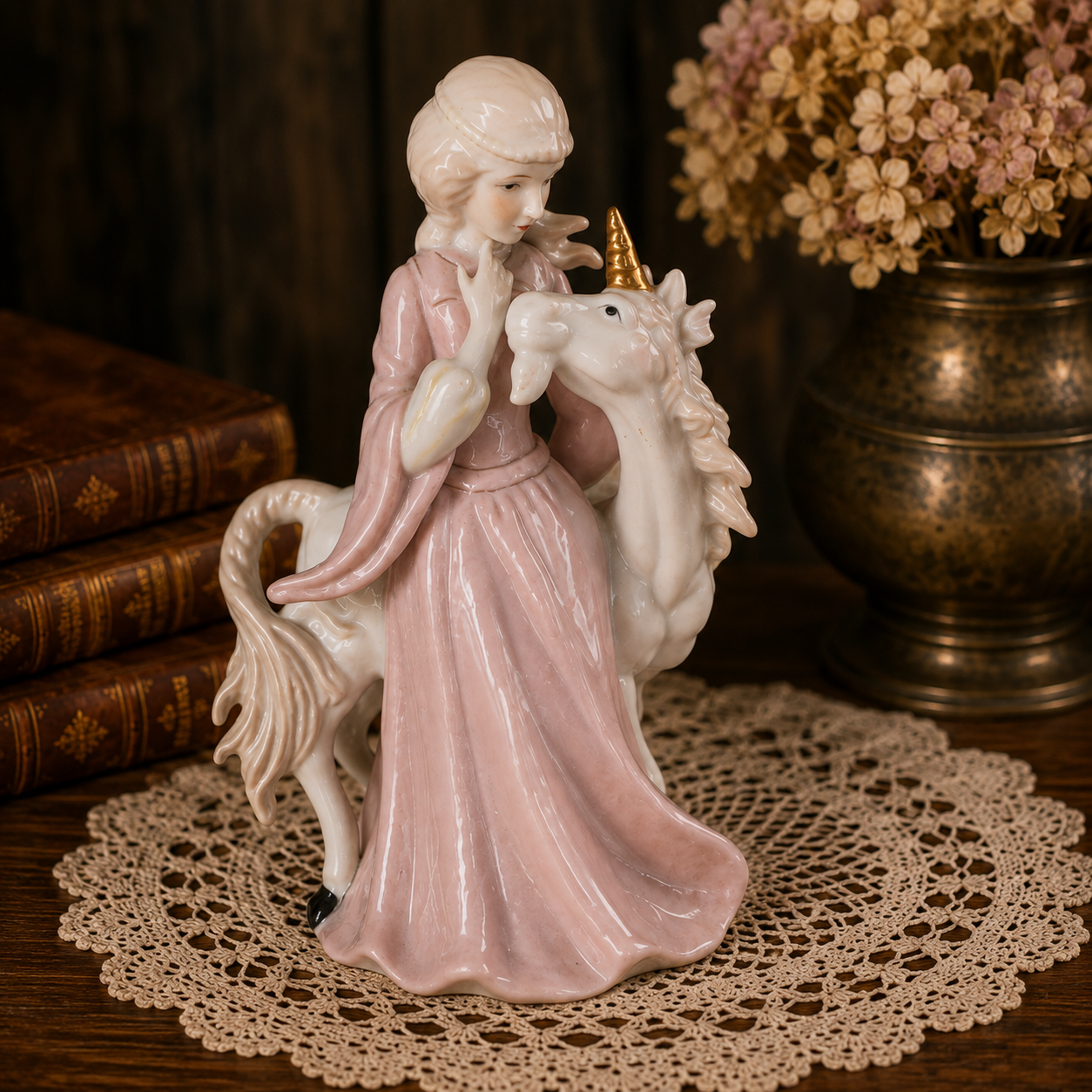 Vintage Pink Girl Riding Unicorn Porcelain Figurine