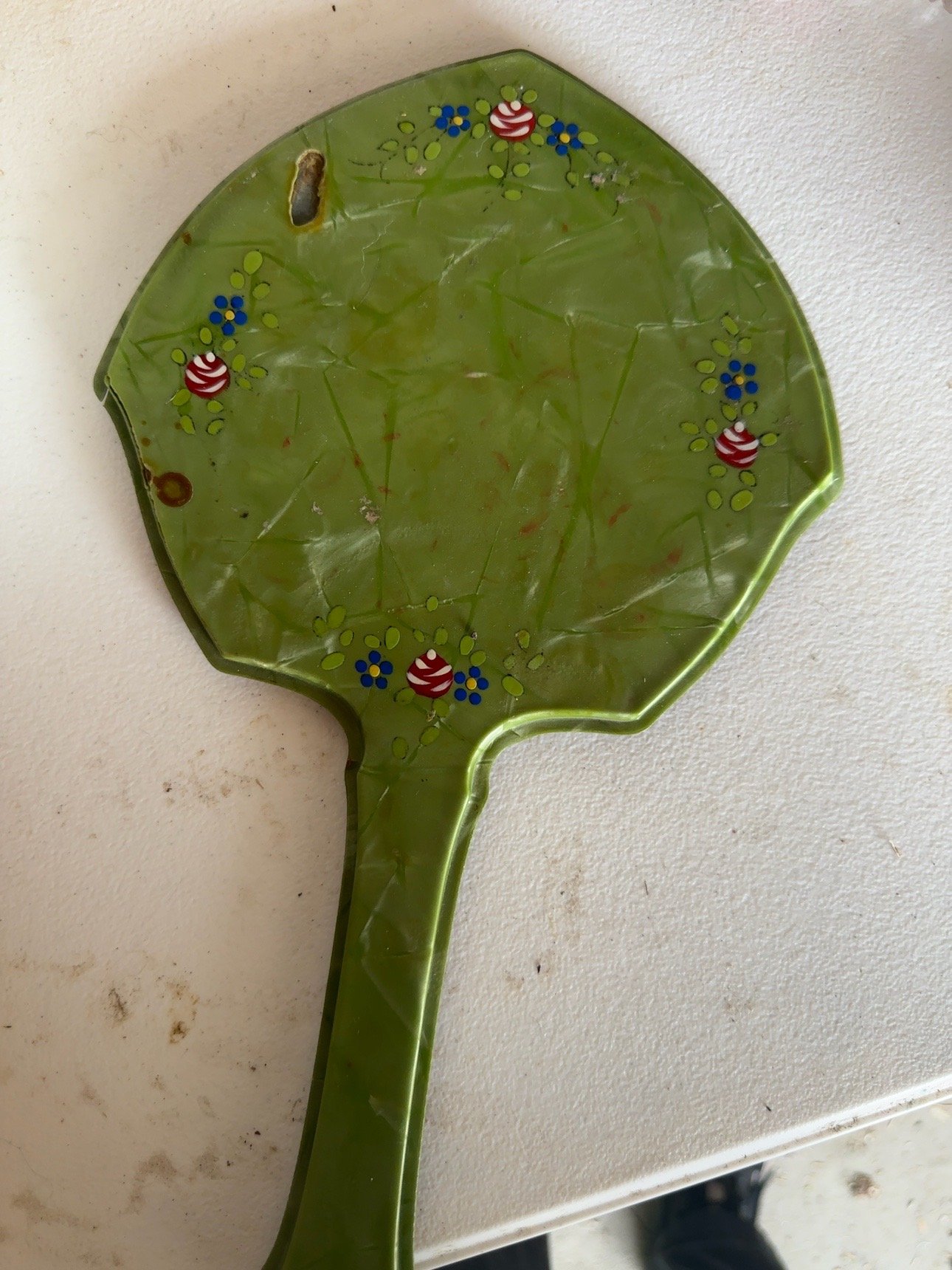 Vintage Art Nouveau Style Green Hand Mirror – Floral Inlay - Image 4