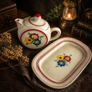 Vintage Floral Teapot & Matching Serving Tray Set – Red Trim & Multicolor Flowers