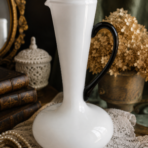 Vintage White Tapered opaline Vase with Black Handle