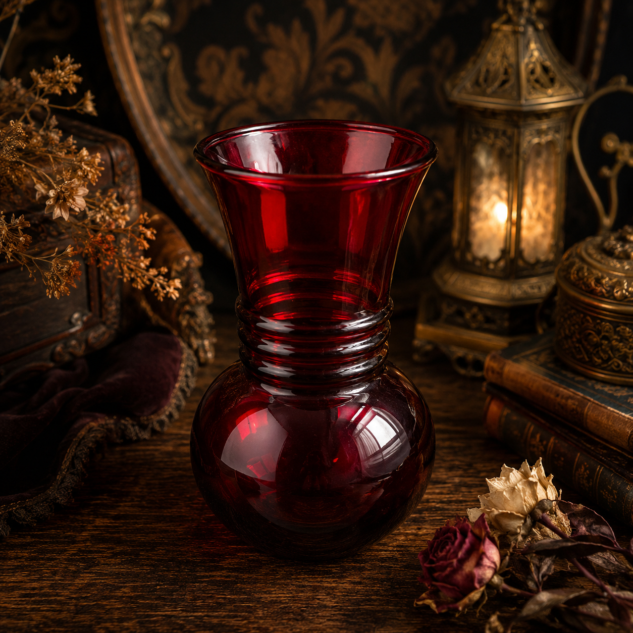Vintage Art Deco Ruby Red Glass Vase – Bulbous Base & Ribbed Neck