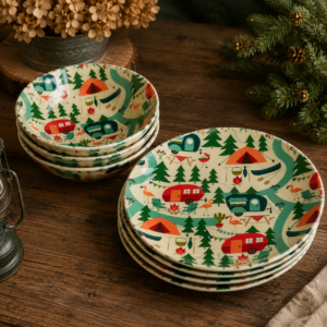 Retro Camper & Camping Dinnerware Set – 4 Plates & 4 Bowls