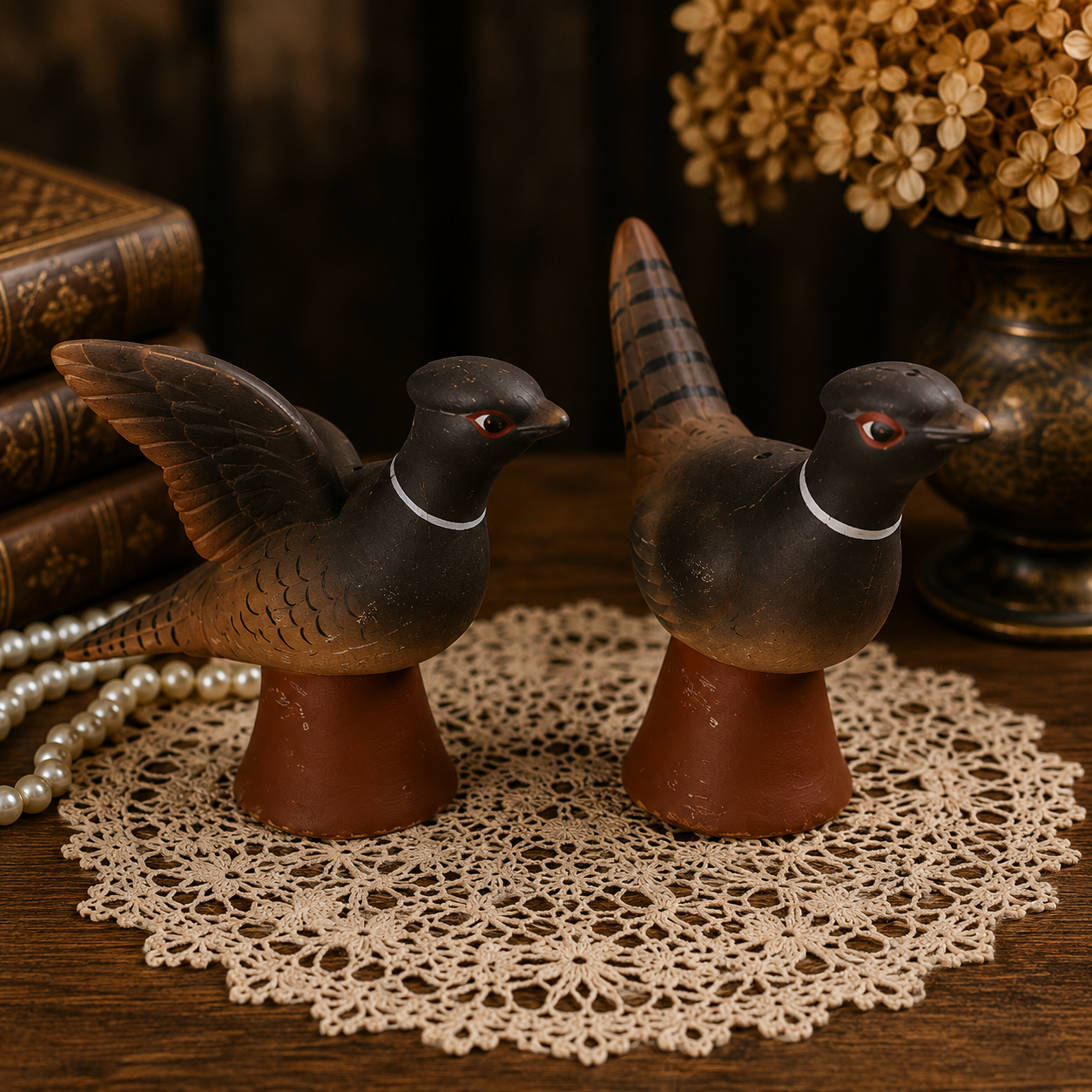 Vintage Wooden pheasant Salt & Pepper Shakers Set