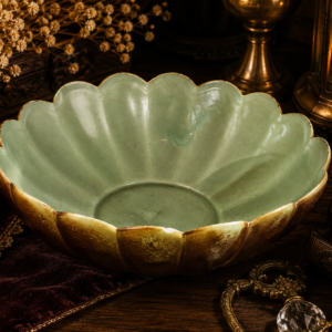 Vintage RumRill Art Pottery Flower Bowl 16-inch Green & Brown Glaze