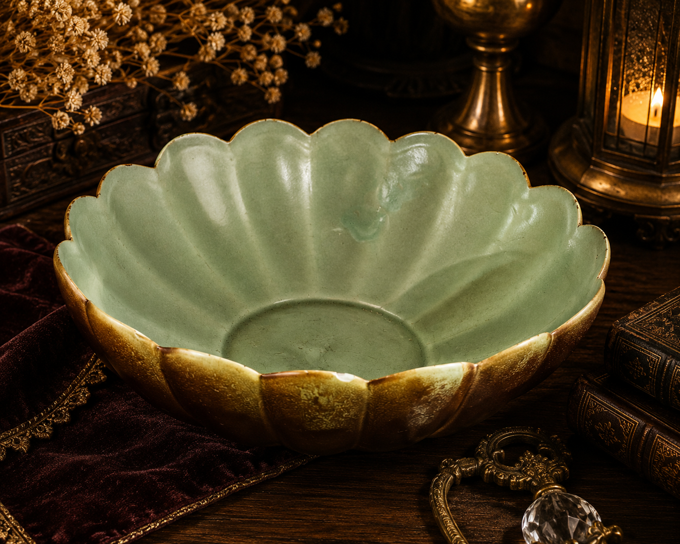 Vintage RumRill Art Pottery Flower Bowl 16-inch Green & Brown Glaze