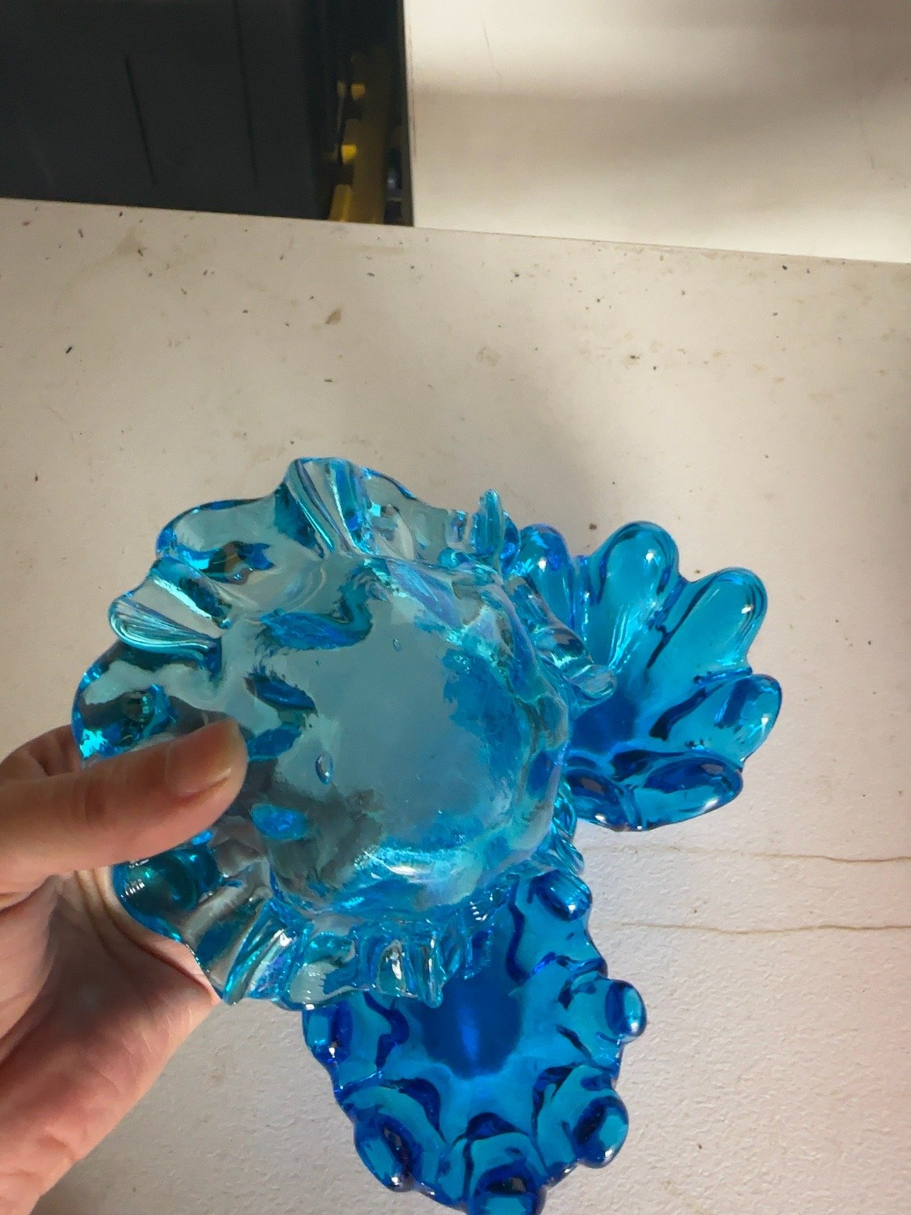 Vintage Blue Art Glass Flower Bowls Set of 3 Ruffled Floral Dishes - Image 3
