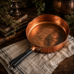 Antique Solid Copper Cooking Pan with Black Handle & Hanging Ring