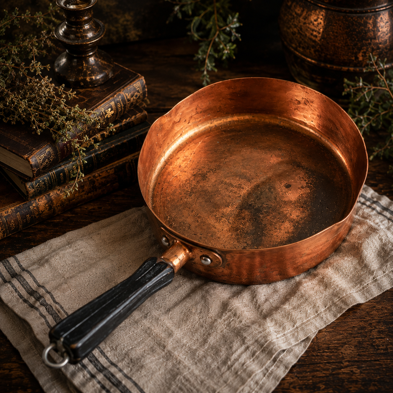 Antique Solid Copper Cooking Pan with Black Handle & Hanging Ring