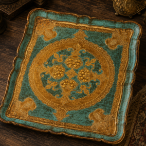 Vintage Italian Florentine Gilt Wood Wall Plaque / Decorative Tray – Turquoise & Gold