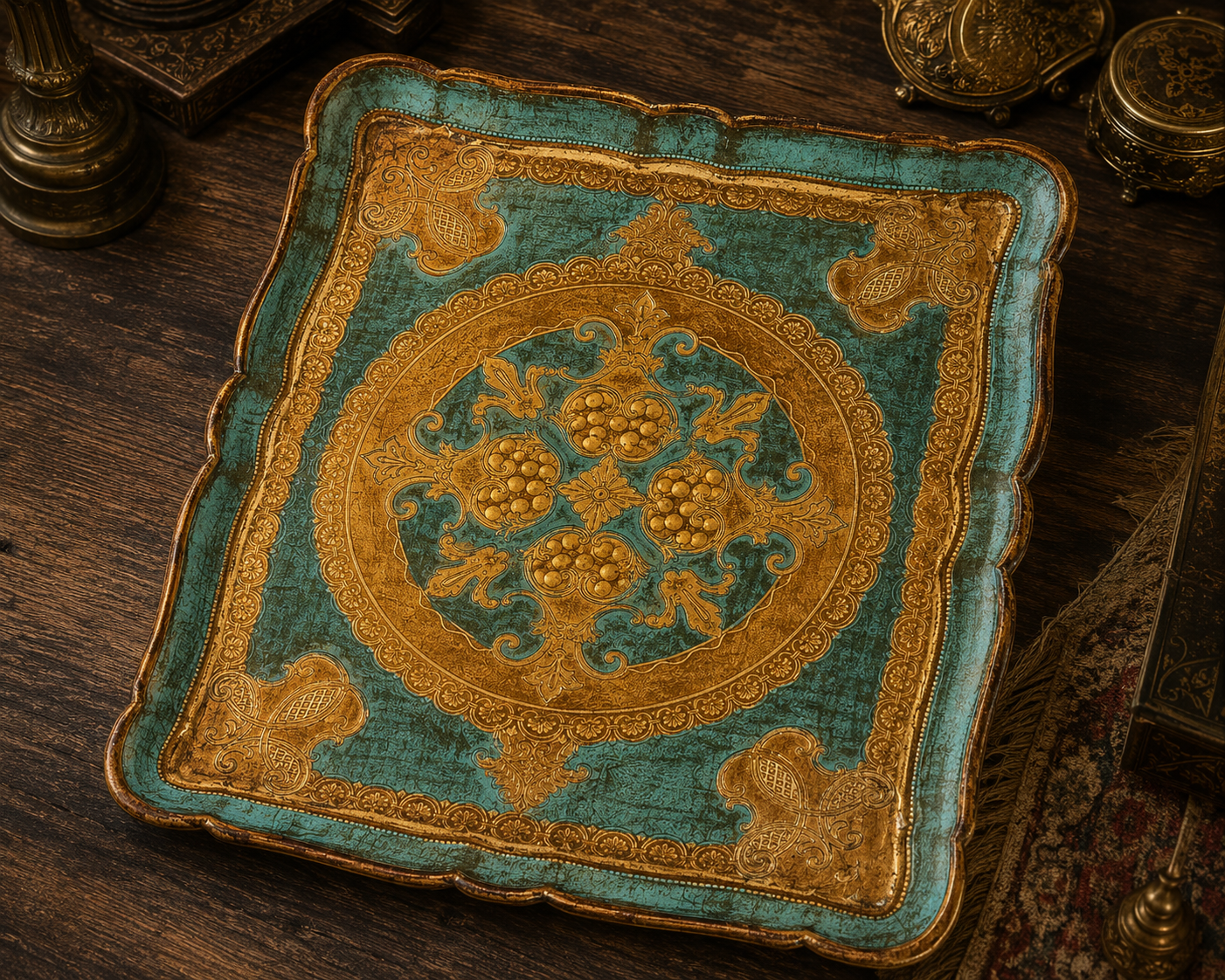 Vintage Italian Florentine Gilt Wood Wall Plaque / Decorative Tray – Turquoise & Gold
