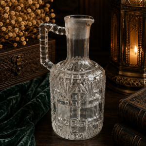 Vintage Cut Pressed Glass Pitcher – Geometric Pattern & Faceted Handle