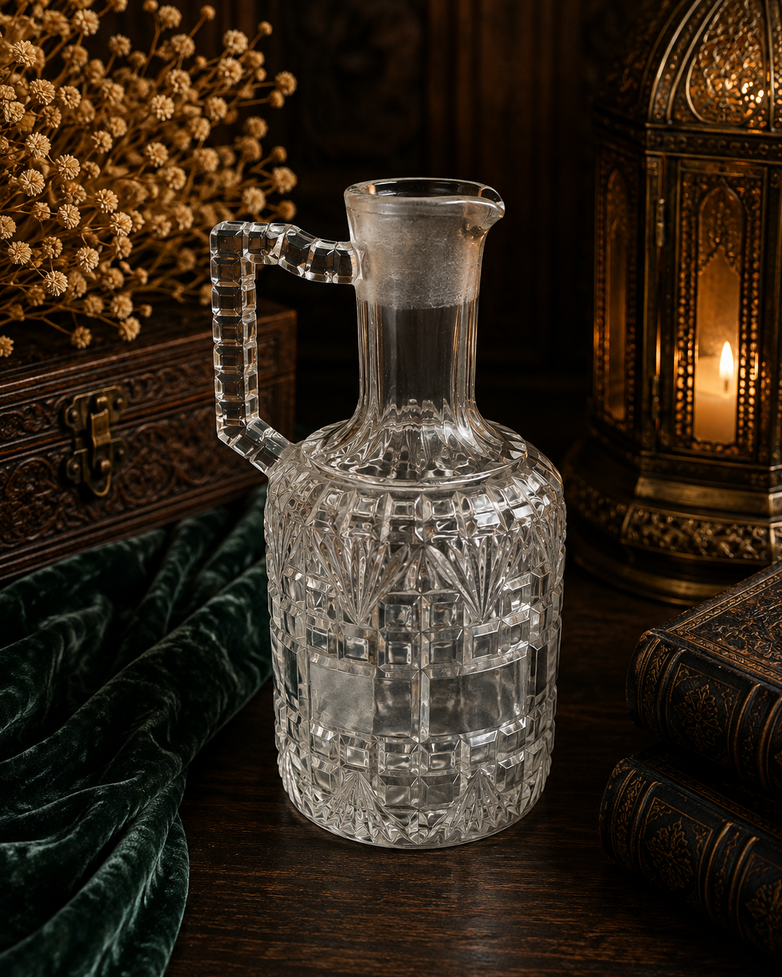 Vintage Cut Pressed Glass Pitcher – Geometric Pattern & Faceted Handle