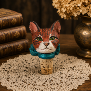 Hand-Painted Cat Wine Bottle Stopper with Teal Bow Vintage Figural Cork