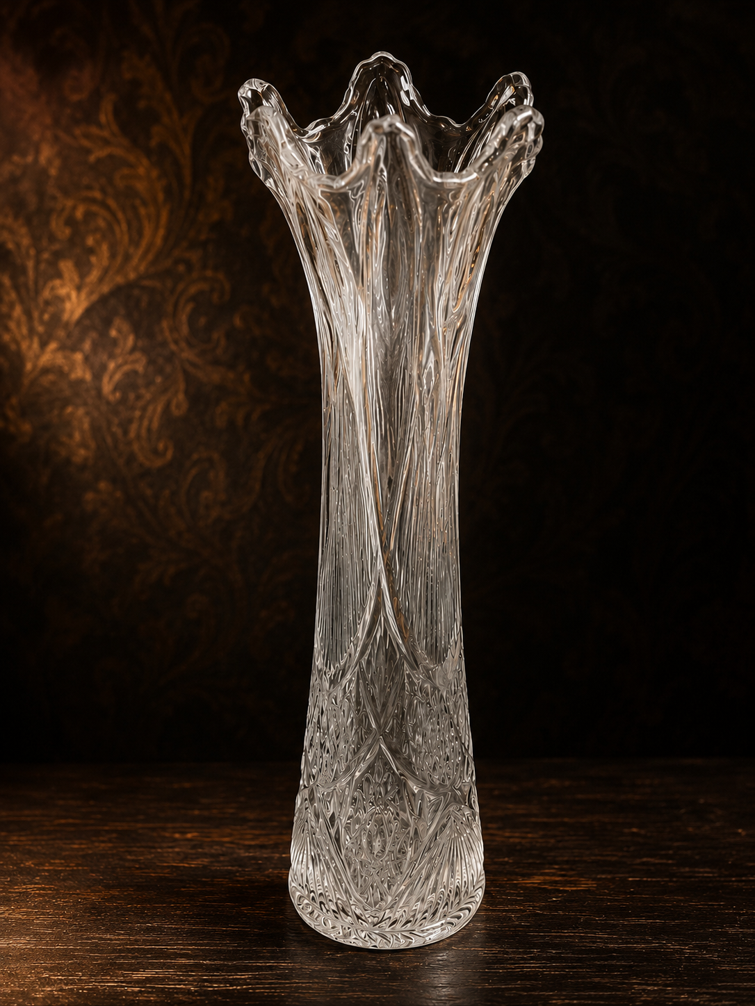 Vintage Cut Crystal Fluted Vase – Tall Ruffled Scalloped Rim, Heavy Glass
