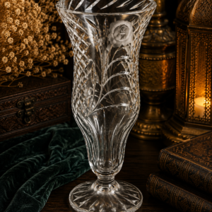 Vintage Cut Crystal Pedestal Vase – Etched Rose & Floral Design, Diamond Cut, Heavy Glass