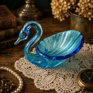 Vintage Blue Art Glass Swan Dish – Aqua & Cobalt Hand-Blown Swan Bowl