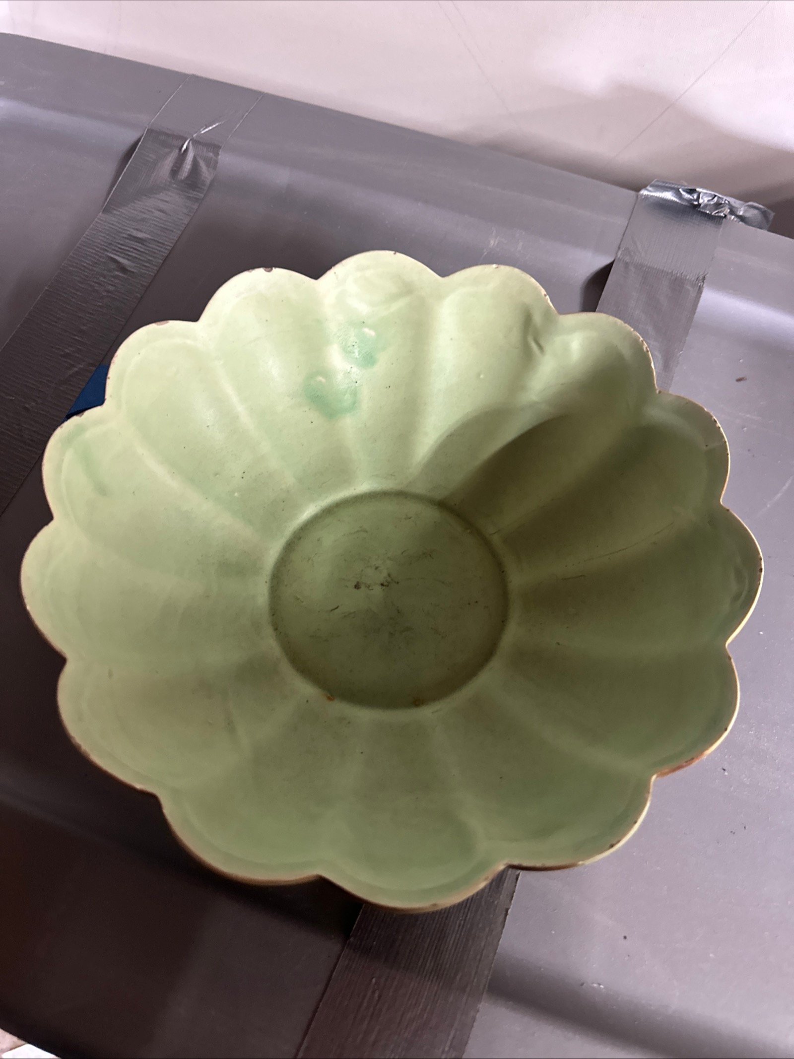 Vintage RumRill Art Pottery Flower Bowl 16-inch Green & Brown Glaze - Image 2