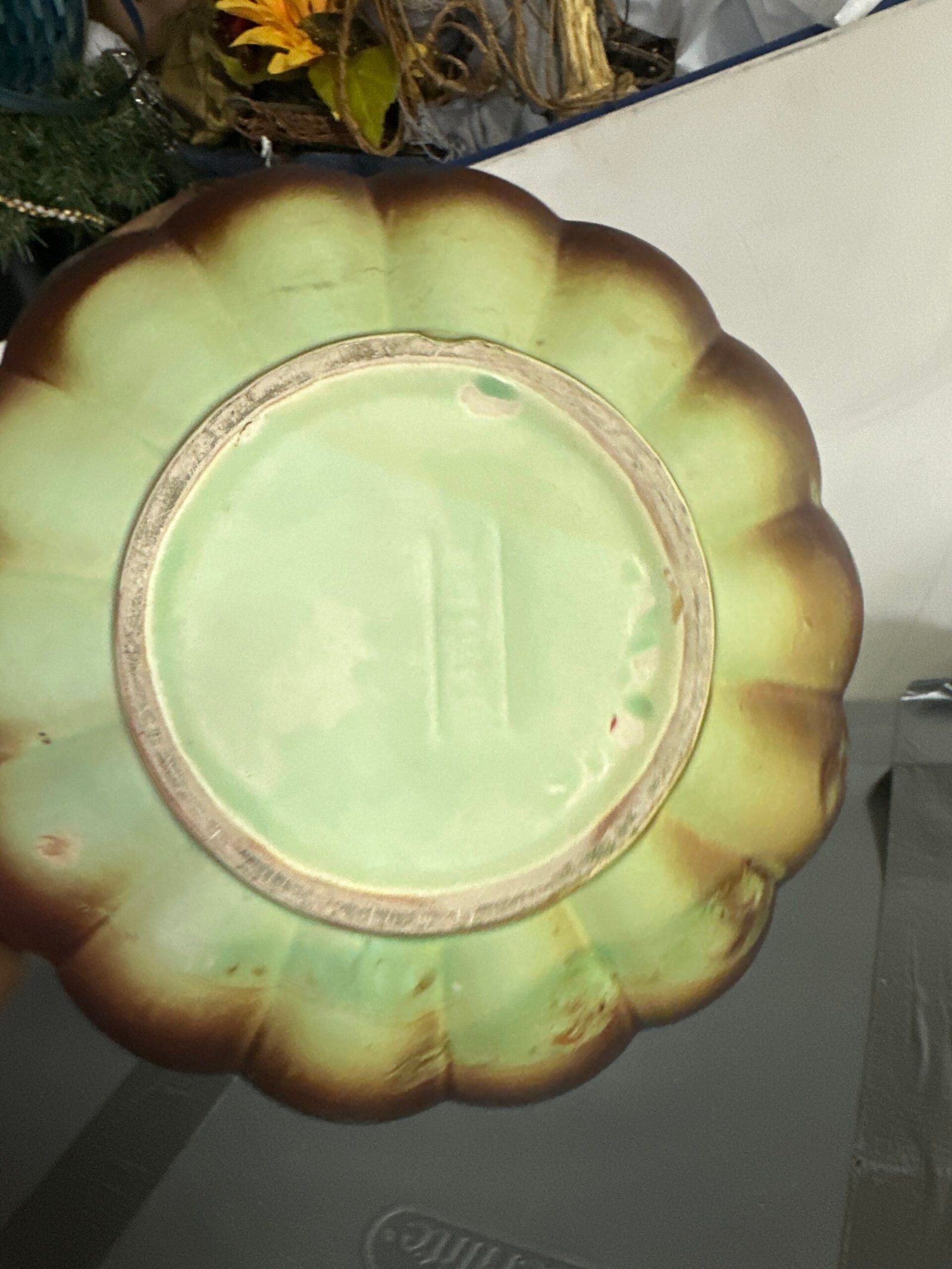 Vintage RumRill Art Pottery Flower Bowl 16-inch Green & Brown Glaze - Image 4