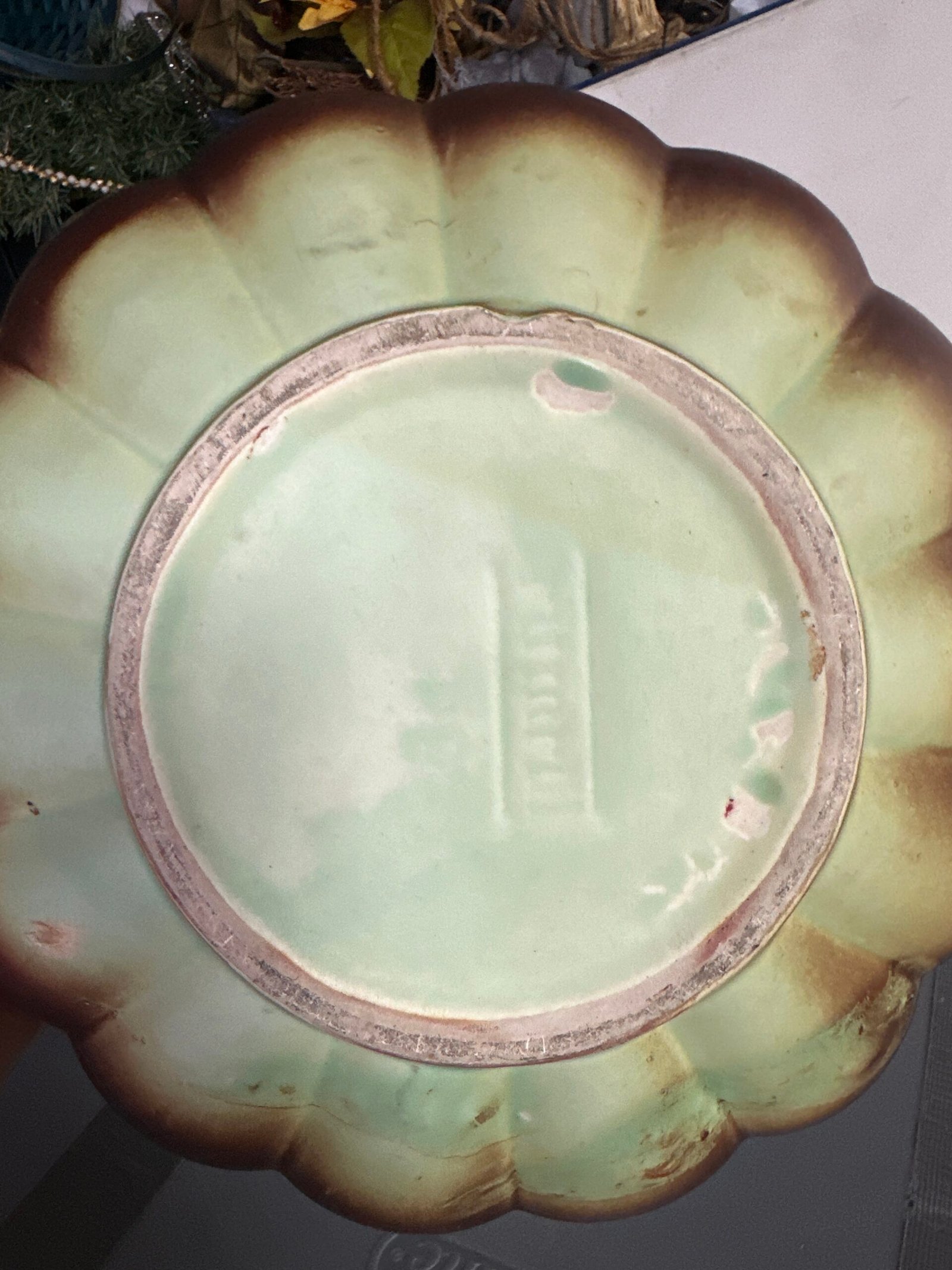 Vintage RumRill Art Pottery Flower Bowl 16-inch Green & Brown Glaze - Image 7