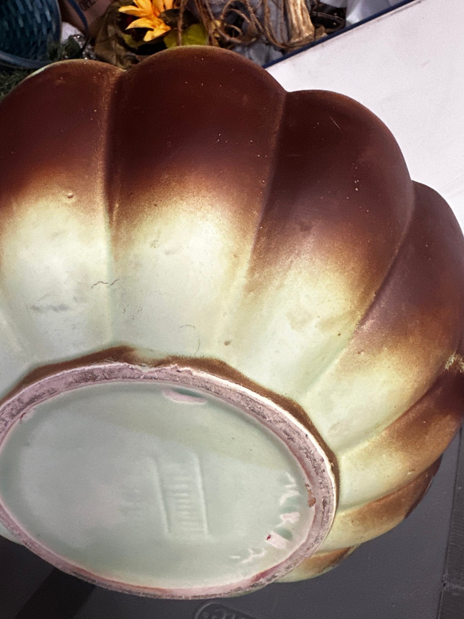 Vintage RumRill Art Pottery Flower Bowl 16-inch Green & Brown Glaze - Image 6