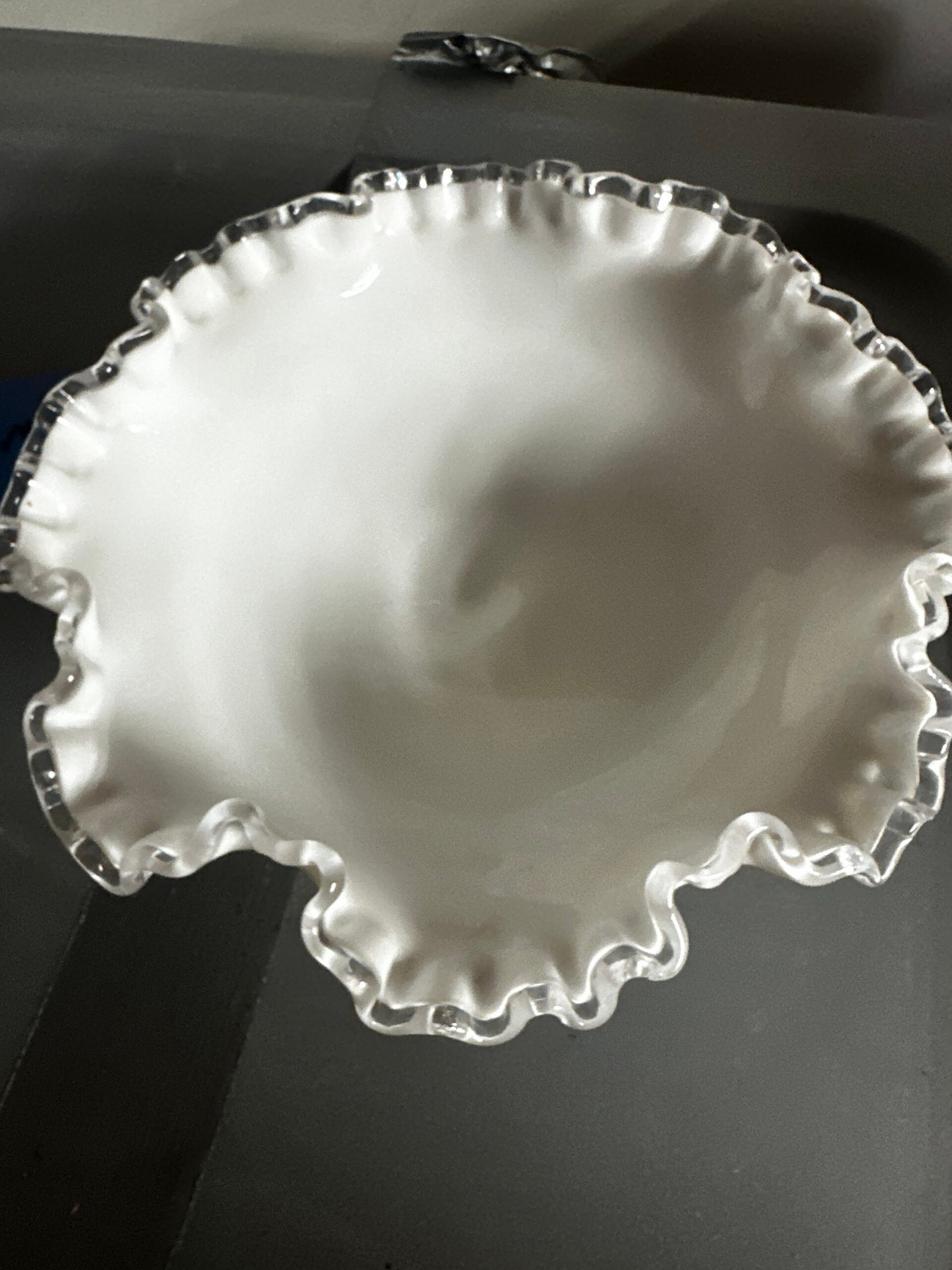 Vintage Fenton Silver Crest Milk Glass Pedestal Compote Ruffled Bowl - Image 3
