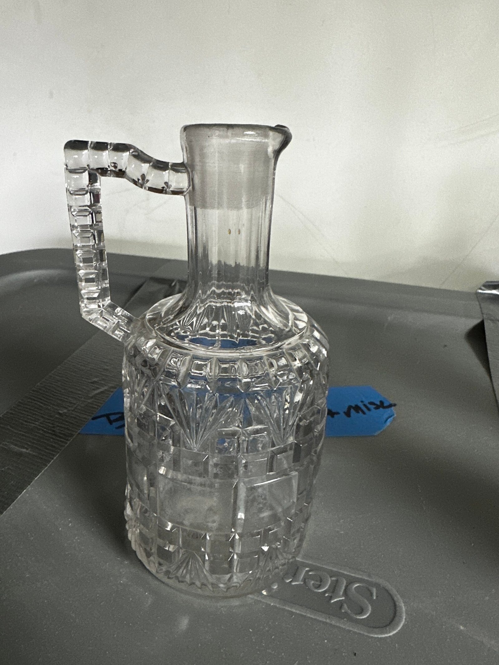 Vintage Cut Pressed Glass Pitcher – Geometric Pattern & Faceted Handle - Image 3