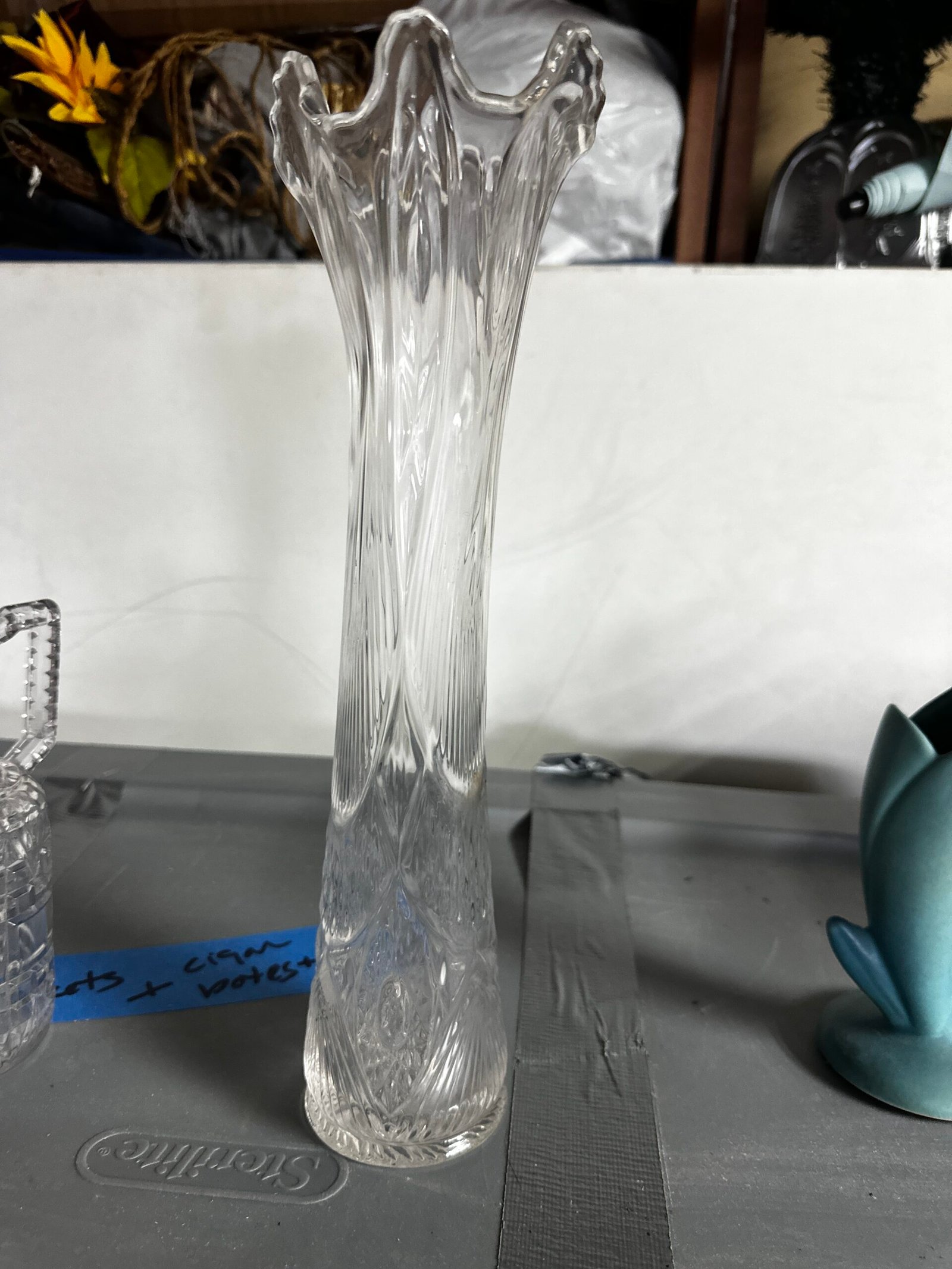 Vintage Cut Crystal Fluted Vase – Tall Ruffled Scalloped Rim, Heavy Glass - Image 2