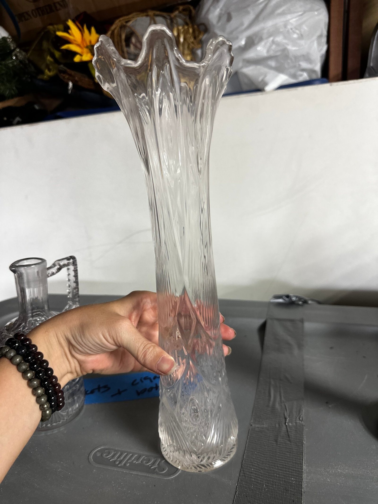 Vintage Cut Crystal Fluted Vase – Tall Ruffled Scalloped Rim, Heavy Glass - Image 7